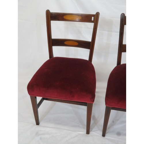 347 - Pair of Edwardian occasional chairs with inlaid bowed rails, upholstered seats, on tapering legs wit... 