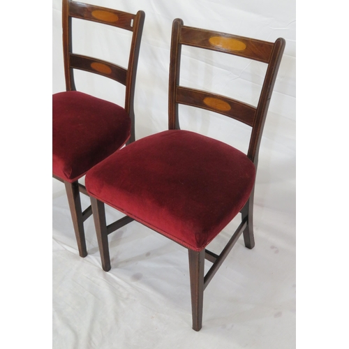 347 - Pair of Edwardian occasional chairs with inlaid bowed rails, upholstered seats, on tapering legs wit... 