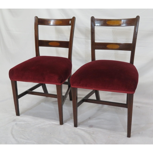 347 - Pair of Edwardian occasional chairs with inlaid bowed rails, upholstered seats, on tapering legs wit... 