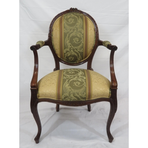 348 - Victorian design open armchair with oval framed back, foliate decorated upholstery, on cabriole legs