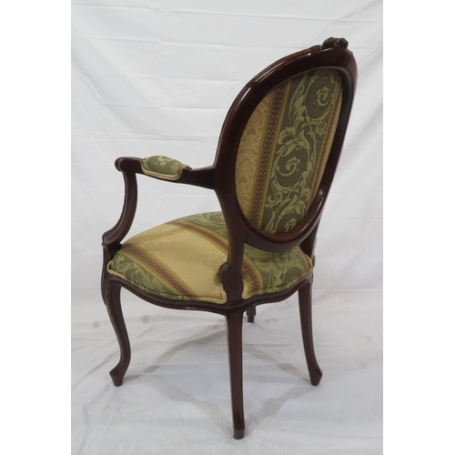 348 - Victorian design open armchair with oval framed back, foliate decorated upholstery, on cabriole legs