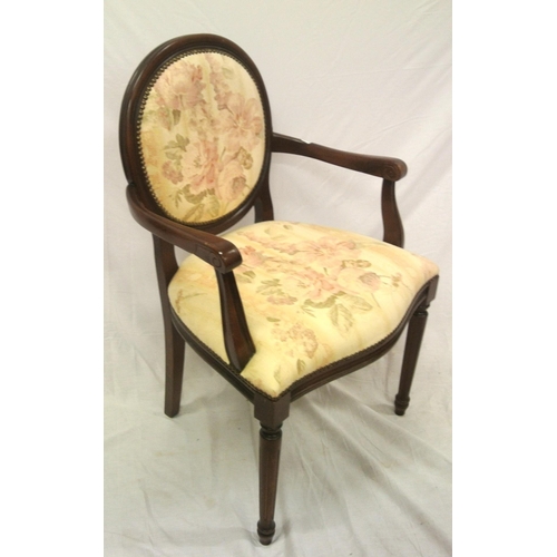 349 - Victorian design open armchair with oval back, foliate upholstery, on turned reeded legs