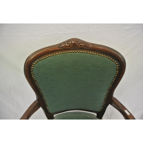 350 - Victorian style open armchair with shaped back, upholstered back & seat, on cabriole legs