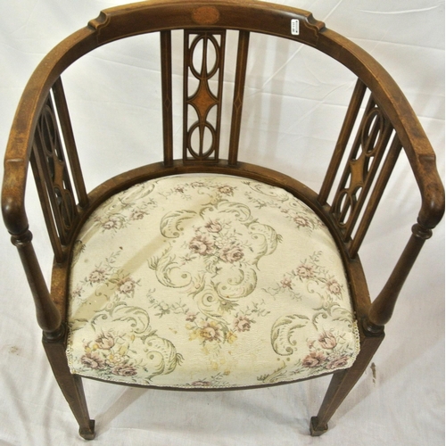 351 - Edwardian inlaid mahogany open tub chair with inlaid & pierced rails, foliate upholstered seat, turn... 