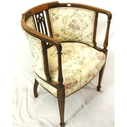 352 - Edwardian inlaid mahogany & walnut open tub chair with pierced fretwork splats, turned rails, foliat... 