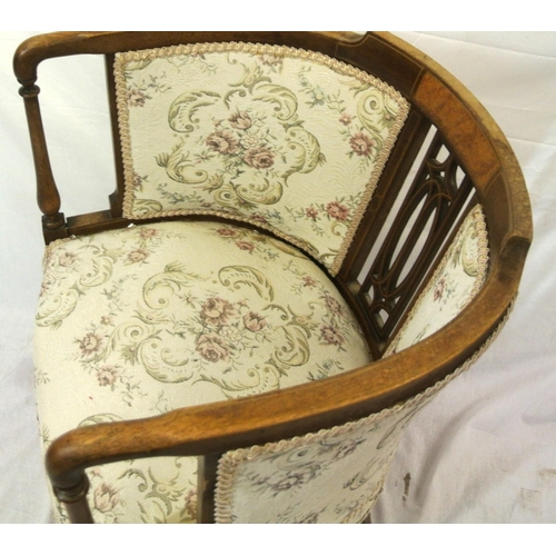 352 - Edwardian inlaid mahogany & walnut open tub chair with pierced fretwork splats, turned rails, foliat... 