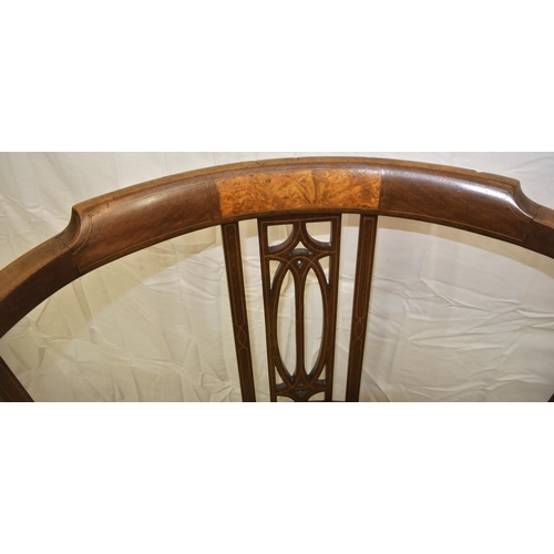 353 - Edwardian inlaid mahogany & walnut open tub chair with inlaid rails & splats, turned columns, needle... 