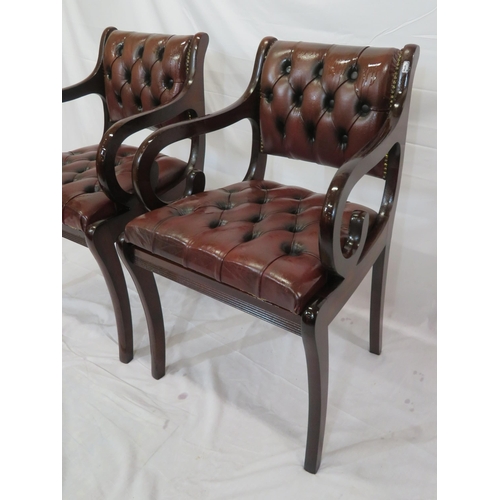 354 - Pair of Regency design open armchairs with buttoned leather upholstery, scroll arms, on sabre legs