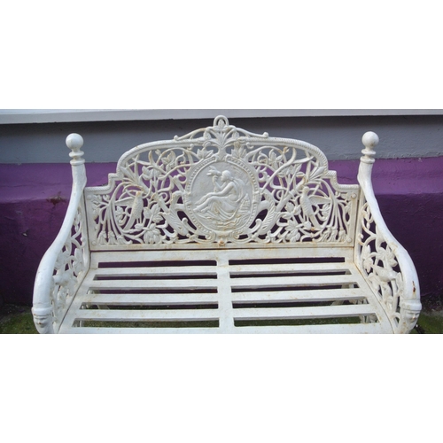 355 - Ornate heavy cast iron garden bench with figured, foliate & bird decoration, shaped sides, on splaye... 