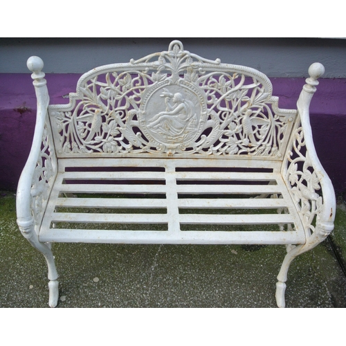 355 - Ornate heavy cast iron garden bench with figured, foliate & bird decoration, shaped sides, on splaye... 