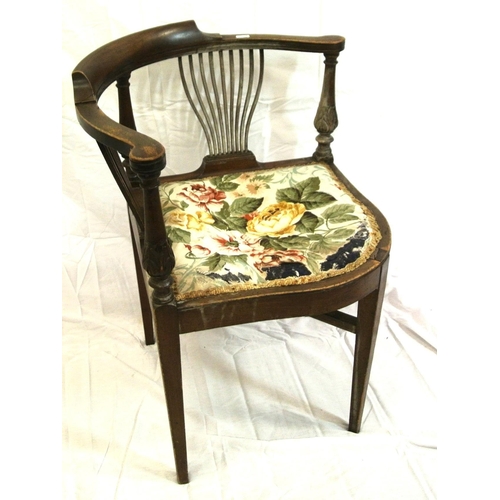 358 - Victorian mahogany open tub armchair with shaped arms & splats, foliate upholstered bow fronted seat... 