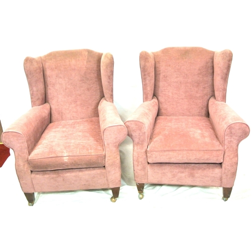 361 - Pair of Georgian upholstered wingback armchairs with shaped arms, cushions, on square tapering legs ... 