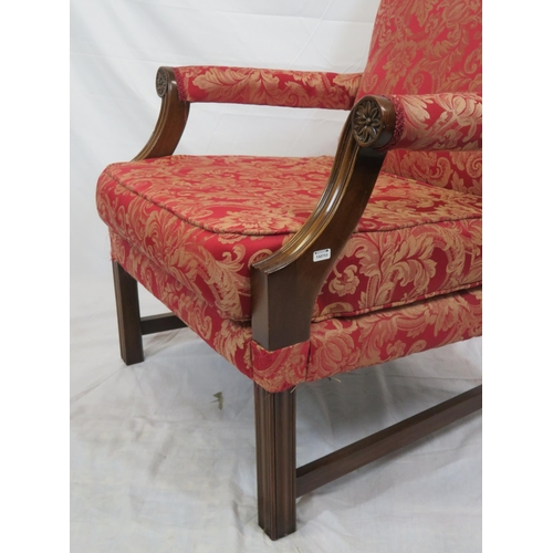 362 - Georgian mahogany library open armchair with foliate upholstery, shaped arms, on square chamfered le... 