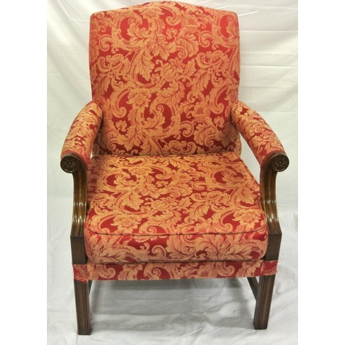 362 - Georgian mahogany library open armchair with foliate upholstery, shaped arms, on square chamfered le... 