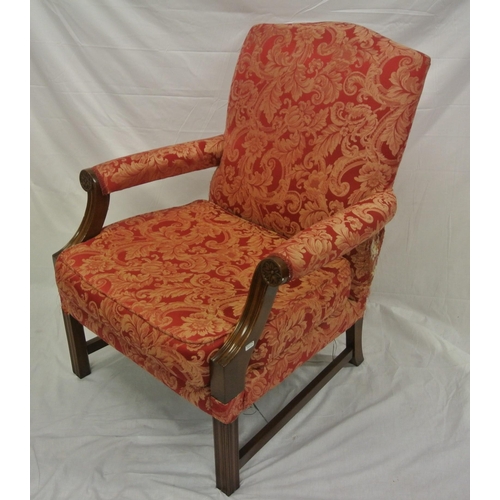 362 - Georgian mahogany library open armchair with foliate upholstery, shaped arms, on square chamfered le... 