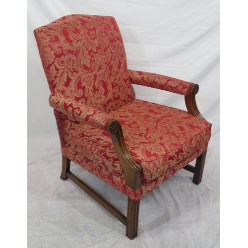 362 - Georgian mahogany library open armchair with foliate upholstery, shaped arms, on square chamfered le... 