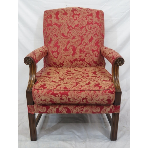 362 - Georgian mahogany library open armchair with foliate upholstery, shaped arms, on square chamfered le... 