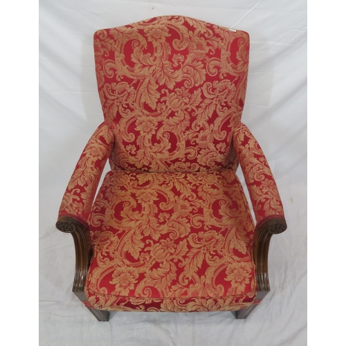 362 - Georgian mahogany library open armchair with foliate upholstery, shaped arms, on square chamfered le... 