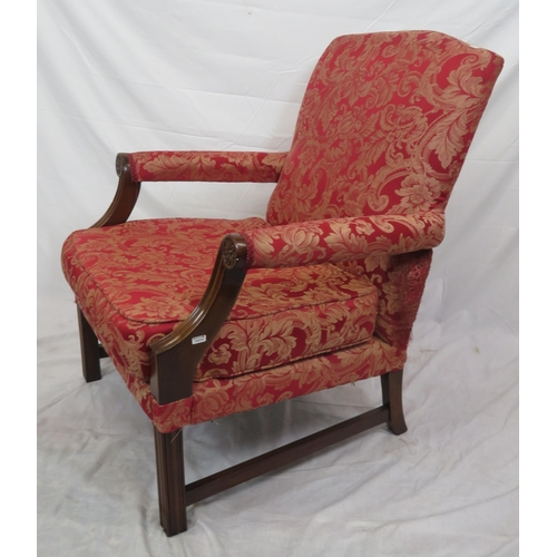 362 - Georgian mahogany library open armchair with foliate upholstery, shaped arms, on square chamfered le... 