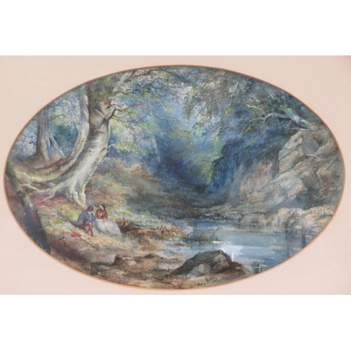 54 - Mary Potter 'Figures in a wood' oval watercolour 24x36cm signed and dated 1863