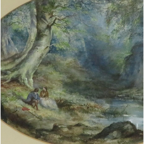 54 - Mary Potter 'Figures in a wood' oval watercolour 24x36cm signed and dated 1863