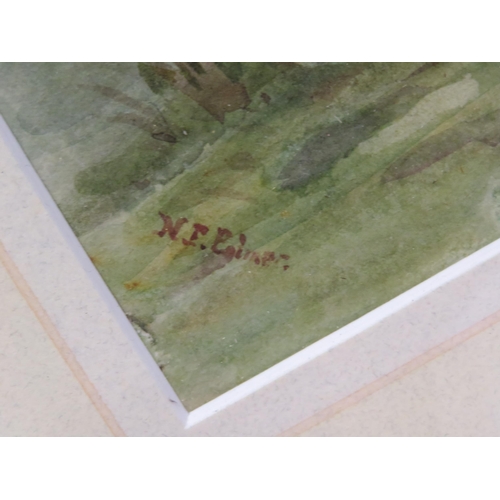 8 - English school 'Cattle in a meadow' watercolour 24x37cm and an engraving 'Monument' 30x50cm