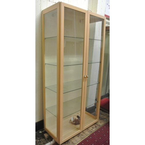 80 - Beech framed display cabinet with glass shelving & doors, & interior lighting