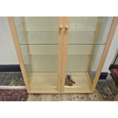 80 - Beech framed display cabinet with glass shelving & doors, & interior lighting