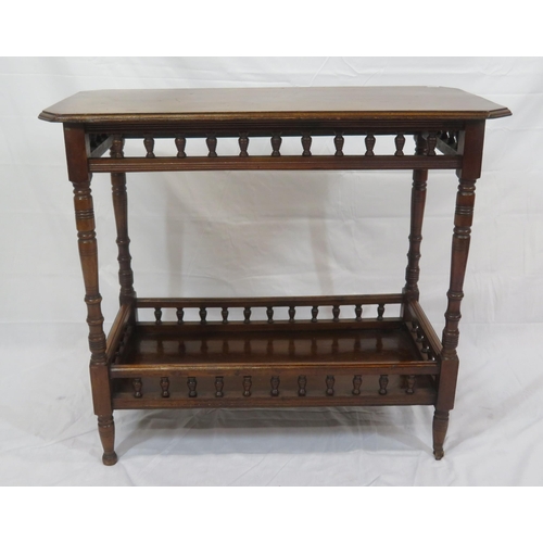 81 - Edwardian mahogany two tier occasional table with turned rails & columns, tapering legs with castors