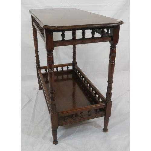 81 - Edwardian mahogany two tier occasional table with turned rails & columns, tapering legs with castors