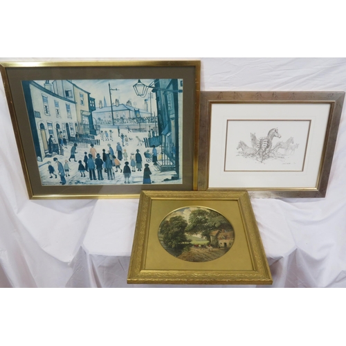 9 - Three pictures: L.S. Lowry 'Figures by a factory' print 44x60; David Shepherd 'Zebras'; and English ... 