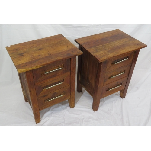 91 - Pair of Continental style small chests of three drawers each with chrome handles, on bracket feet