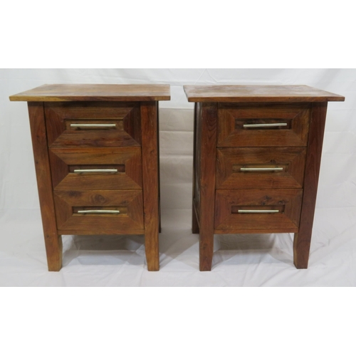 91 - Pair of Continental style small chests of three drawers each with chrome handles, on bracket feet