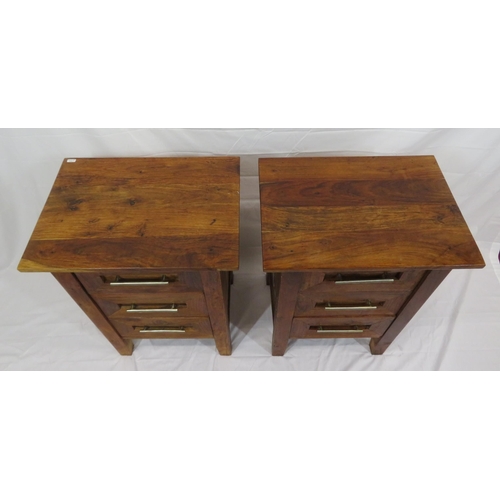 91 - Pair of Continental style small chests of three drawers each with chrome handles, on bracket feet