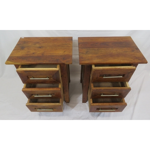 91 - Pair of Continental style small chests of three drawers each with chrome handles, on bracket feet