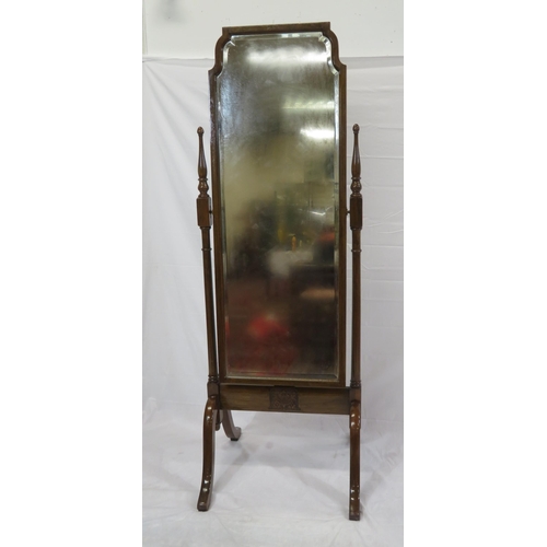 94 - Edwardian style bevelled glass mahogany framed cheval mirror with turned columns & shaped legs