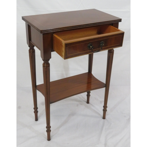 99 - Edwardian design inlaid mahogany two tier hall or side table with frieze drawer, drop handle, turned... 