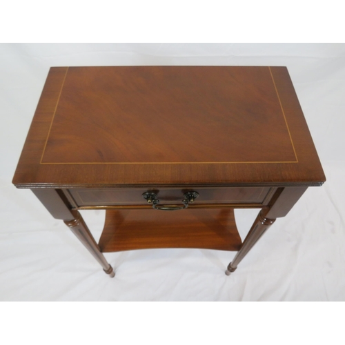 99 - Edwardian design inlaid mahogany two tier hall or side table with frieze drawer, drop handle, turned... 