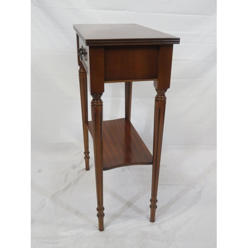 99 - Edwardian design inlaid mahogany two tier hall or side table with frieze drawer, drop handle, turned... 