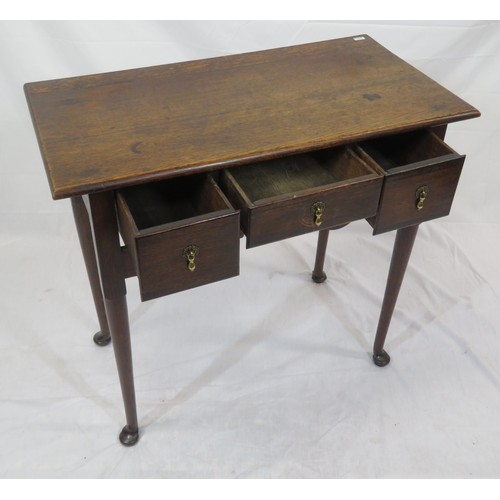 321 - Victorian oak lowboy with three drawers, brass teardrop handles, on cabriole legs with pad feet