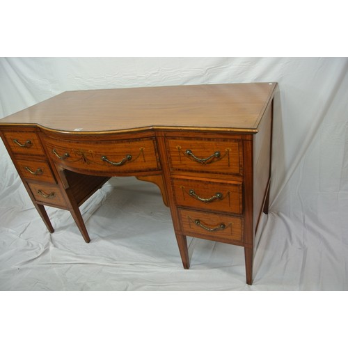 170 - Edwardian 'Tottenham Court Road' inlaid & crossbanded bow fronted mahogany desk with foliate & strin... 