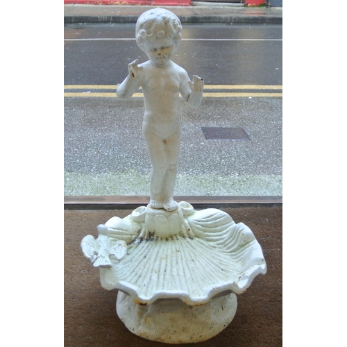 226 - Cast iron shell shaped bird bath with cherub & bird decoration