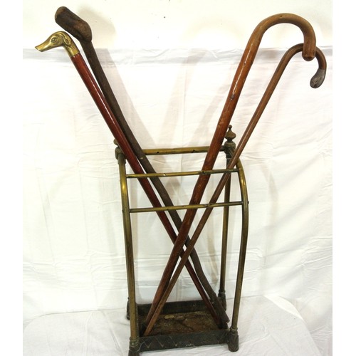 233 - Edwardian brass railed umbrella and stick stand with vase finials and tray