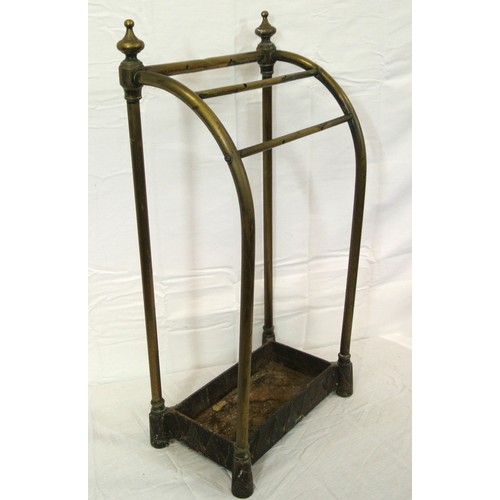 233 - Edwardian brass railed umbrella and stick stand with vase finials and tray