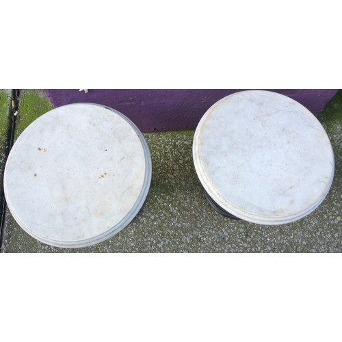 304 - Pair of round marble topped cast iron garden or patio plant tables