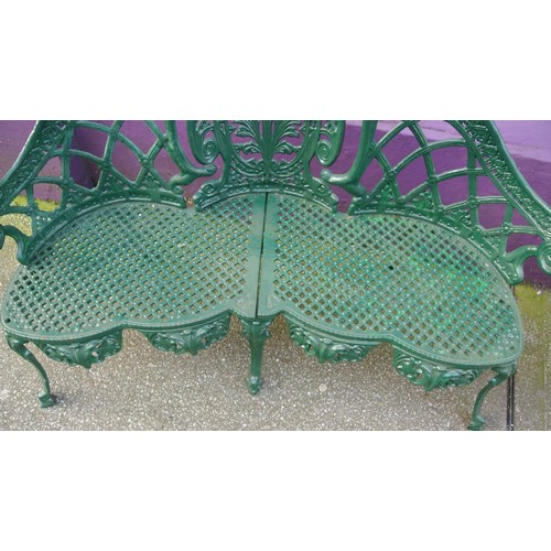 356 - Cast iron garden bench with triple domed back, foliate and honeycomb decoration, on shaped legs