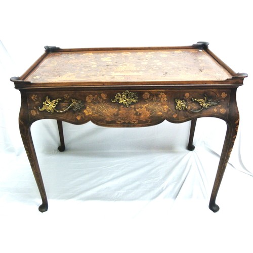 336 - Dutch inlaid kingwood bureau plat with raised borders, shaped frieze drawer with ornate brass handle... 