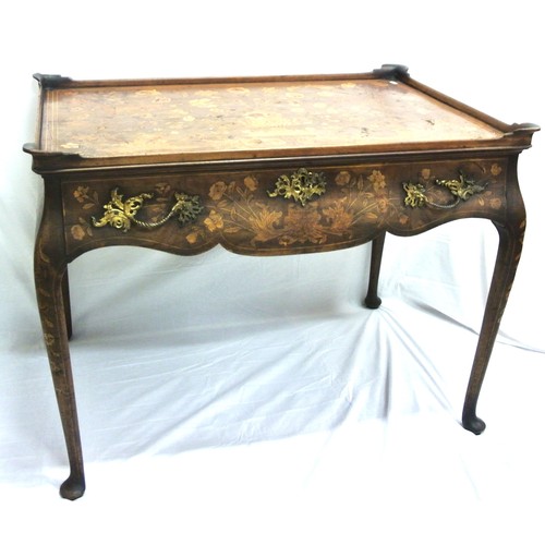 336 - Dutch inlaid kingwood bureau plat with raised borders, shaped frieze drawer with ornate brass handle... 