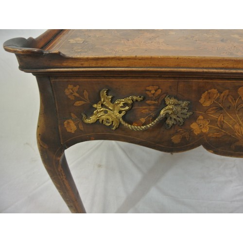 336 - Dutch inlaid kingwood bureau plat with raised borders, shaped frieze drawer with ornate brass handle... 