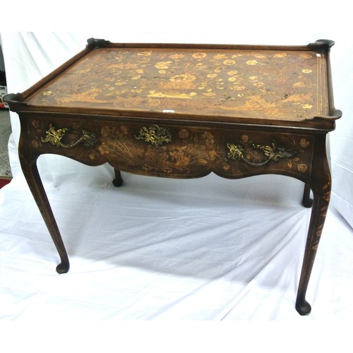 336 - Dutch inlaid kingwood bureau plat with raised borders, shaped frieze drawer with ornate brass handle... 